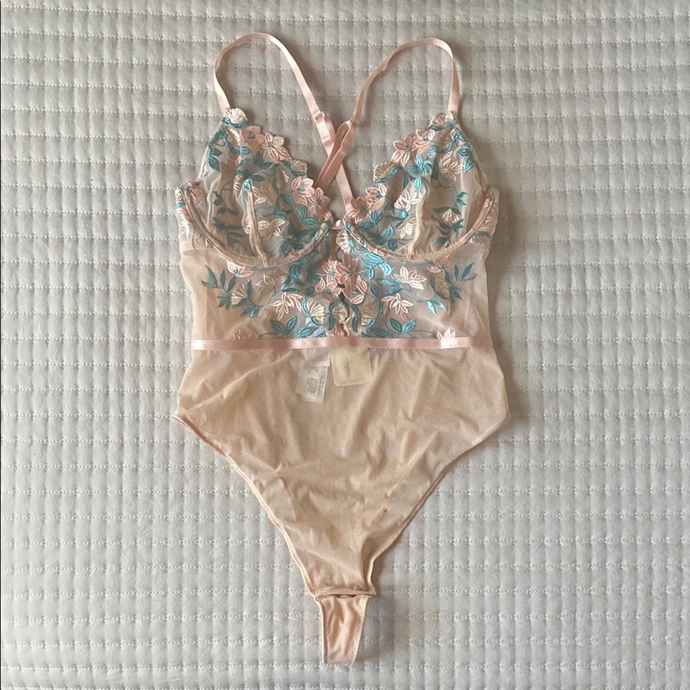 Forever 21 - Nude/Peach Floral Embroidered Sheer Bodysuit, Size L